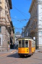 YELLOW STREETCAR IN MILAN CITY IN ITALY