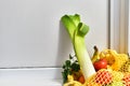 Yellow string shopping bag with vegetables and fruits Royalty Free Stock Photo