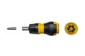 Yellow stubby ratchet screwdriver with bits Royalty Free Stock Photo