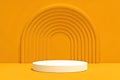 Yellow studio backdrop with arched design and white product display platform for presentation Royalty Free Stock Photo