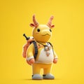 A yellow stuffed animal with a backpack and a camera strap around its neck Royalty Free Stock Photo