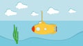 Yellow submarine. Paper yellow submarine in the ocean with algae. Vector, cartoon illustration Royalty Free Stock Photo