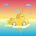 Yellow Submarine with periscope, sea, and sunset sky. Underwater ship Flat design