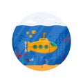Yellow submarine with periscope underwater concept in circle. Marine life with fish, coral, seaweed, colorful blue ocean Royalty Free Stock Photo