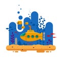 Yellow submarine with periscope underwater concept. Marine life with fish, coral, seaweed, colorful blue ocean landscape