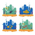 Yellow submarine with periscope underwater concept. Marine life with fish flock, angler fish, coral, seaweed, colorful