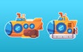 Yellow submarine under sub water toys object set collection drawing illustration sticker doodle cartoon style blue Royalty Free Stock Photo