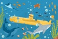 Yellow submarine undersea boat with fishes in ocean, sea, with periscope flat design, vector illustration. Marine theme. Royalty Free Stock Photo