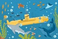 Yellow submarine undersea boat with fishes in ocean, sea, with periscope flat design, vector illustration. Marine theme.