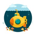 Yellow Submarine undersea with fishes, Flat design. Vector Royalty Free Stock Photo