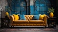 Yellow Suede Couch Placed Infront of Old Peeled Brick Blue Wall Background