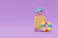 Yellow suitcase with colorful summer beach elements ,Tourism and travel ,summer time,3d Royalty Free Stock Photo