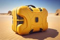 Yellow suitcase on the desert coast. Generative AI