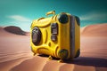 Yellow suitcase between dunes in the desert. Generative AI