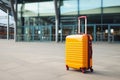 Yellow suitcase in front of an airport building. Traveling holiday getaways vacation concept