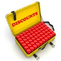 Open suitcase full of discounts. Financial concept