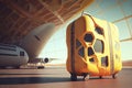 Yellow suitcase in a modern airport terminal, back view of an airplane Traveling concept - Generative AI Royalty Free Stock Photo