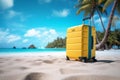 A yellow suitcase on a sandy beach by the sea. Summer concept, travel, seaside holidays