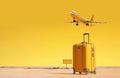 Yellow suitcase and signpost with travel destination, airplane.Tourism and travel concept background. Created with generative AI Royalty Free Stock Photo