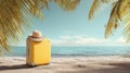 The yellow suitcase and straw hat await on a serene tropical beach AI generated image Royalty Free Stock Photo