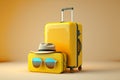 Yellow suitcase with sun glasses and hat on yellow, travel, america