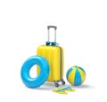 Yellow suitcase, sunglasses, swimming ring, beach ball and flip flops isolated on white Royalty Free Stock Photo