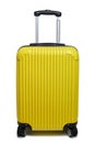 Yellow suitcase for traveling on wheels, white background isolate