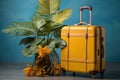 Yellow suitcase and tropical leaf creating a summer fantasy, best summer image Royalty Free Stock Photo