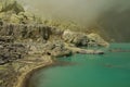 Yellow sulfur mine with blue lake inside volcano,