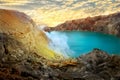 Yellow sulfur rocks and the blue sulfur lake of the crater of the Ijen volcano at dawn. Poisonous sulfur smoke.