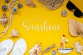 Yellow Summer Flat Lay With Accessories, Text Hello Sunshine