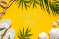 Yellow Summer Flat Lay, Shells, Palm Leaf, Text Save The Date