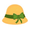 Yellow summer hat with green ribbon and bow. Ladies fashion accessory, elegant headwear. Female beachwear, sun