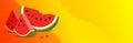 Yellow Summer template banner with Watermelon. 3D slice Watermelon with drinking straw Royalty Free Stock Photo