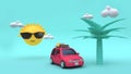 Yellow sun clouds coconut tree cartoon style red car with many objects 3d rendering holiday,going-travel,sea,beach,summer