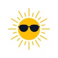 Yellow sun in glasses uv protection icon, sunblock, eye protection from sunshine and solar burn. Circle full sun and