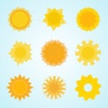 Yellow sun icon collection in flat style. Abstract solar symbol isolated on background. Vector Royalty Free Stock Photo