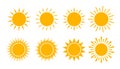 Yellow sun icon set. Flat sunshine logo summer. Simple hot sign. Sunlight burst isolated for ui, mobile. Climate symbol. Abstract Royalty Free Stock Photo