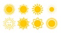 Yellow sun icon set. Flat vector illustration isolated on white Royalty Free Stock Photo