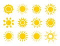 Yellow sun icon set. Orange summer spring sunshine rays. Weather bright sunlight sing. Vector sunrise logo Royalty Free Stock Photo