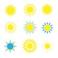 Yellow sun icons set on white background. Simple design collection. For web sites or weather icon Royalty Free Stock Photo