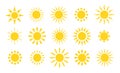 Yellow sun icons. Suns rays, flat sunny weather elements. Summer heat, isolated abstract sunrise or bright morning utter