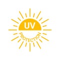 Yellow sun with inscription uv protection icon, sunblock from sunshine and solar burn. Circle full sun and sunlight. Hot