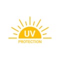 Yellow sun with inscription uv protection icon, sunblock from sunshine and solar burn. Circle full sun and sunlight. Hot