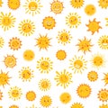 Yellow sun pattern. Doodle suns, summer scribble cute sunny. Funny morning sunshine, childish sunlights print. Cartoon