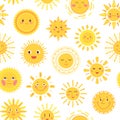 Yellow sun pattern. Summer suns, scribble sketch baby print. Morning cartoon characters, funny sunny childish decent