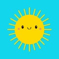 Yellow sun shining icon. Hello summer. Cute cartoon funny smiling character. Kawaii face with happy emotion. Baby collection. Royalty Free Stock Photo