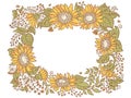 Yellow Sunflower frame decor elements. Vector line drawing of sunflowers frame isolated on white for greeting card or print Royalty Free Stock Photo