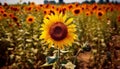 Yellow sunflower in meadow, vibrant nature beauty under sunlight generated by AI Royalty Free Stock Photo