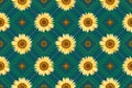 Yellow sunflower seamless pattern on geometric square dark color textured background Royalty Free Stock Photo
